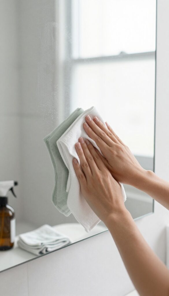 Cleaning a bathroom mirror with a microfiber cloth using a zigzag pattern to avoid streaks.