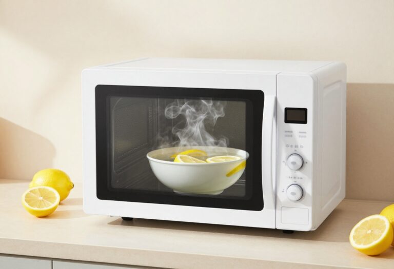 Clean microwave interior with a bowl of steaming water and lemon slices