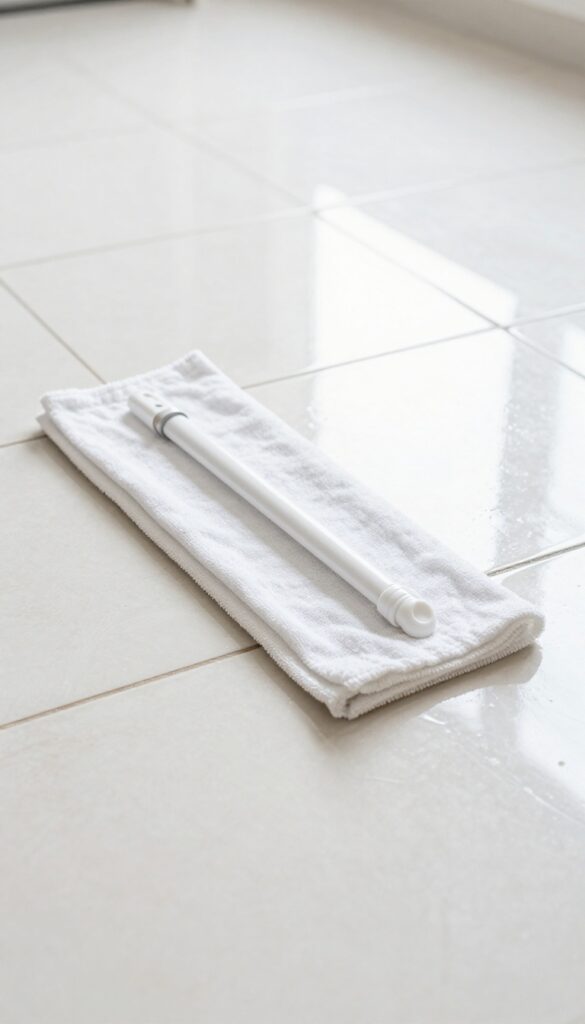Person drying a tile floor with a microfiber cloth to prevent water spots and achieve a streak-free shine.