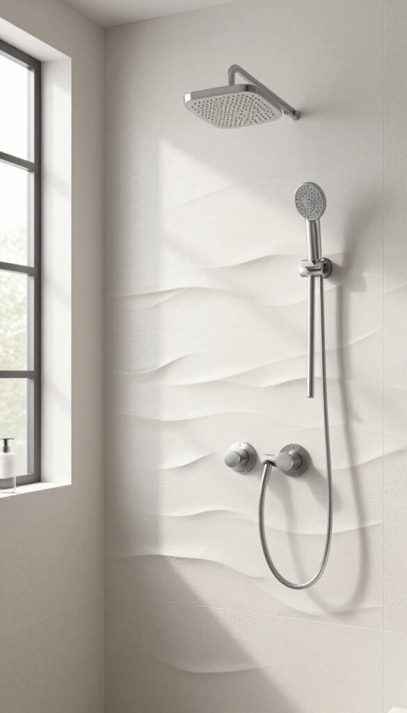 Modern bathroom shower with textured 3D wave tiles on accent wall