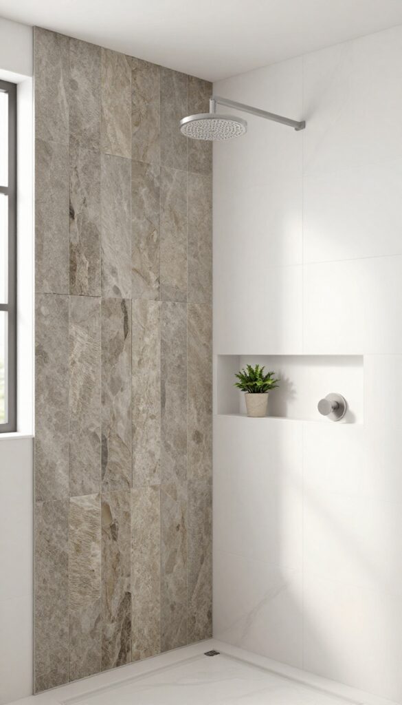 Vertical stacked stone accent wall in a bright, airy shower with natural cleft texture and earthy tones