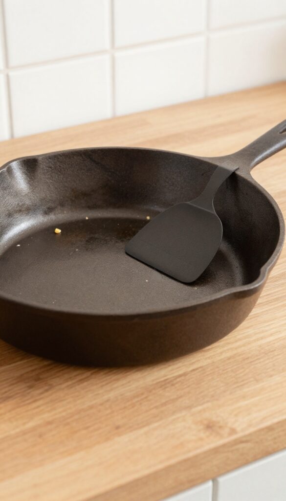 Cast iron skillet with plastic scraper removing stuck food residue