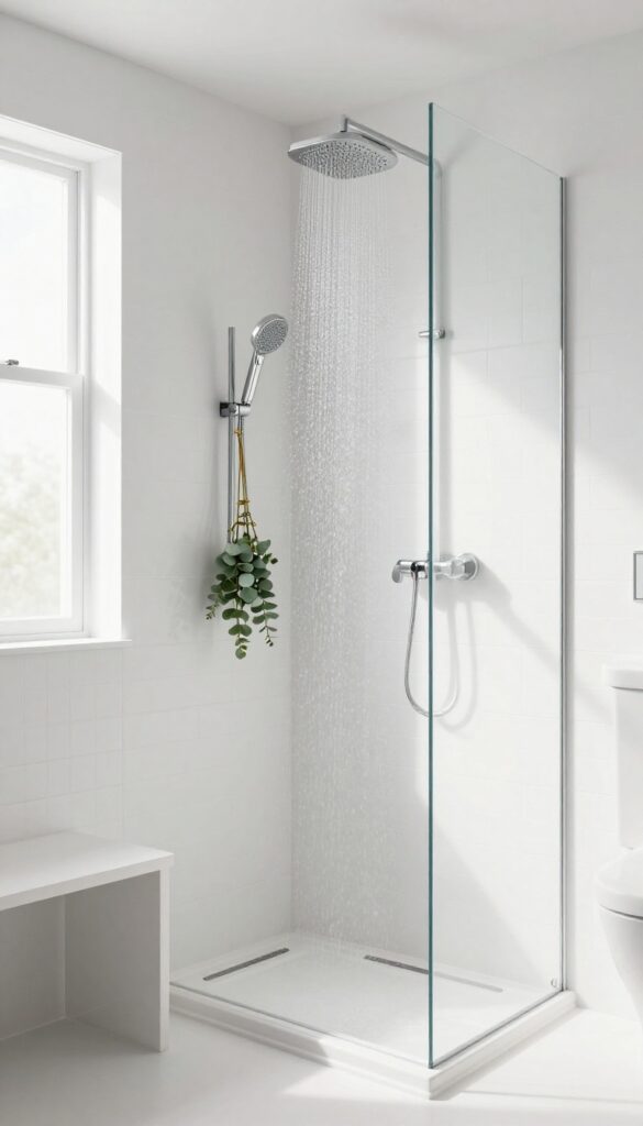 Double showerheads in a bright master bathroom with rainfall and handheld options, natural light, clean design.