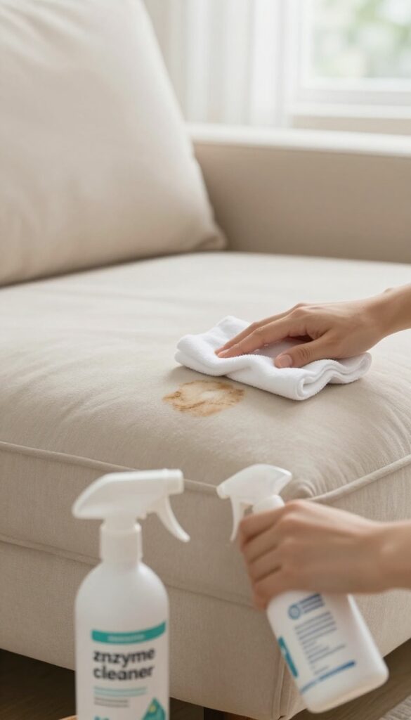 Close-up of enzyme cleaner being applied to a pet stain on a beige microfiber couch