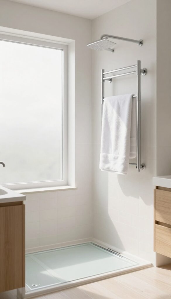 Bright bathroom with heated towel rack and radiant floor heating