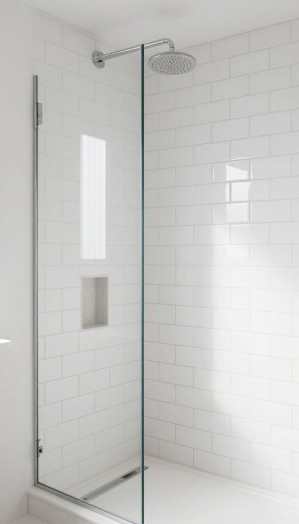 Bright bathroom shower with white subway tile in vertical stack layout, rainfall showerhead, and natural stone niche.