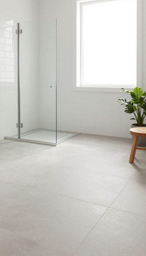 Tiny bathroom with same floor tile throughout shower and room, seamless wet-room design