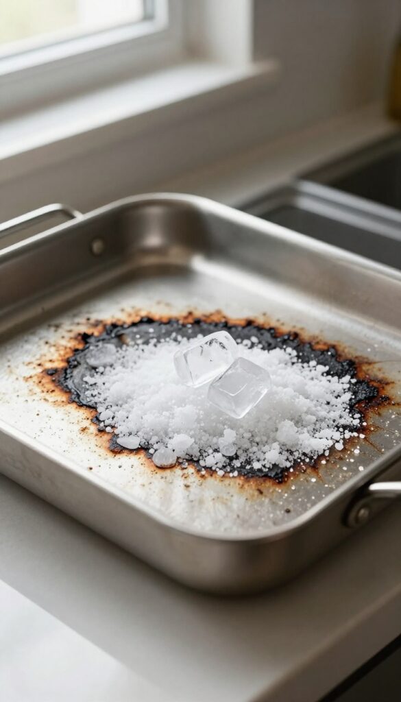 Stainless steel pan with coarse salt and ice cubes on burnt residue, bright natural light, clean kitchen counter