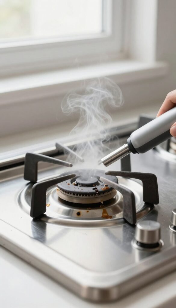 Handheld steam cleaner removing grease and burnt food from a gas stove burner grate