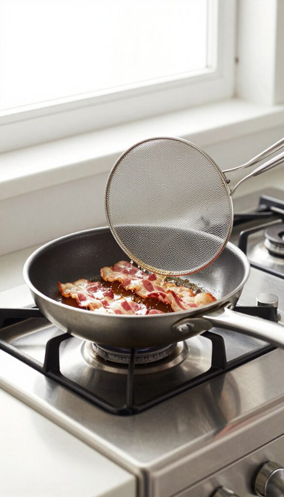 Mesh splatter guard over a frying pan on a clean stove, catching grease splashes