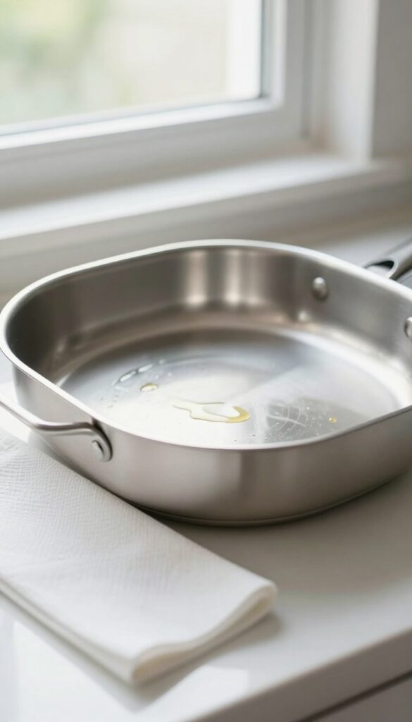 A clean stainless steel pan with a thin oil coating, reflecting light, with a paper towel nearby in a bright kitchen.