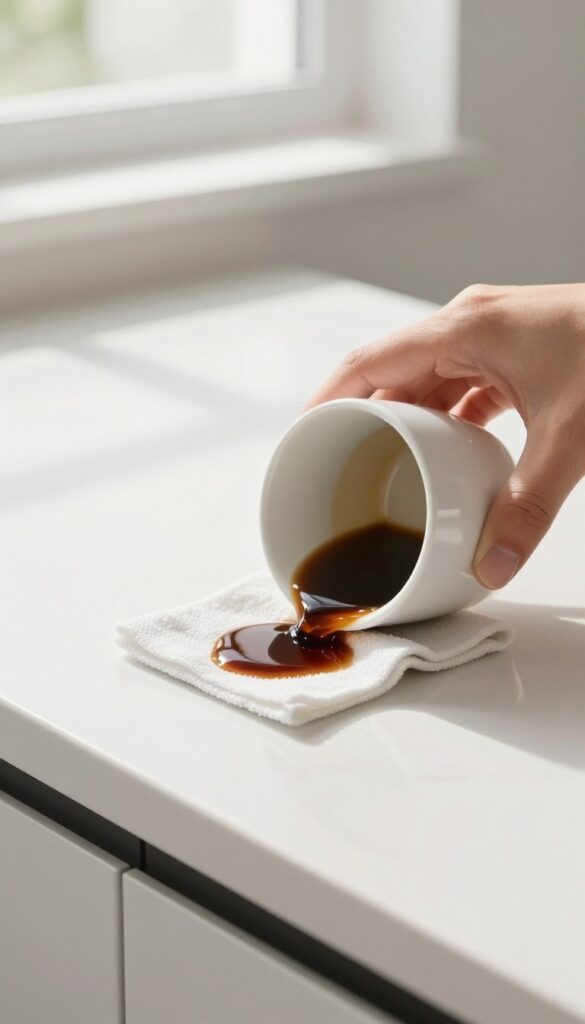 Person blotting a coffee spill on floor tile grout with a microfiber cloth