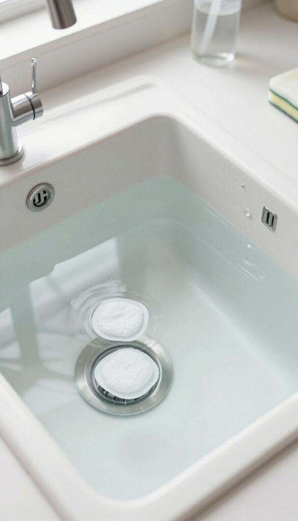 Stove grates soaking in hot water with dryer sheets in a kitchen sink.