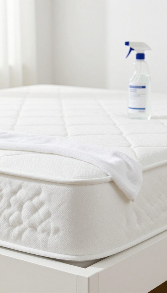 Close-up of a clean mattress with a spray bottle of rubbing alcohol and a cloth, bright natural light, no text.