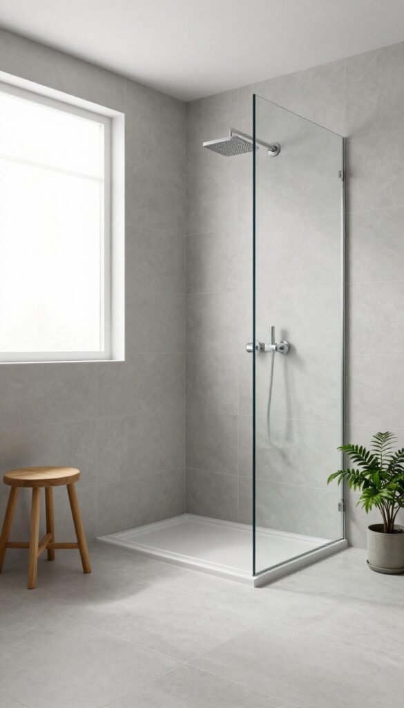 Small bathroom with large-format tiles on shower walls and floor, seamless look, natural light