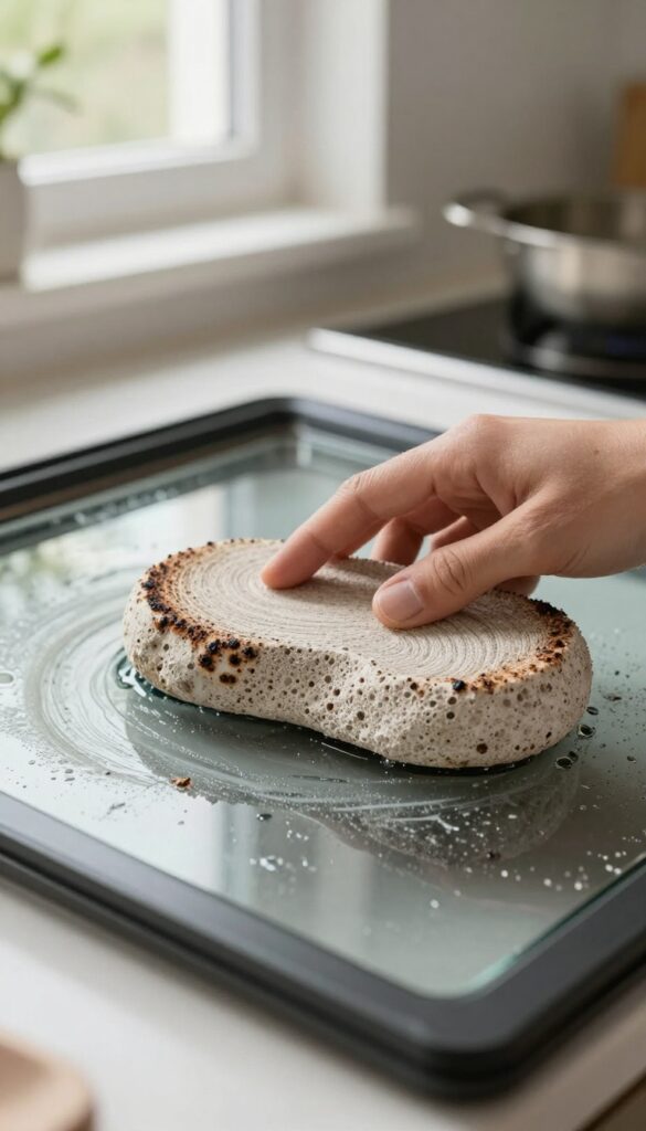 Wet pumice stone cleaning burnt-on grime on a glass oven door in natural light