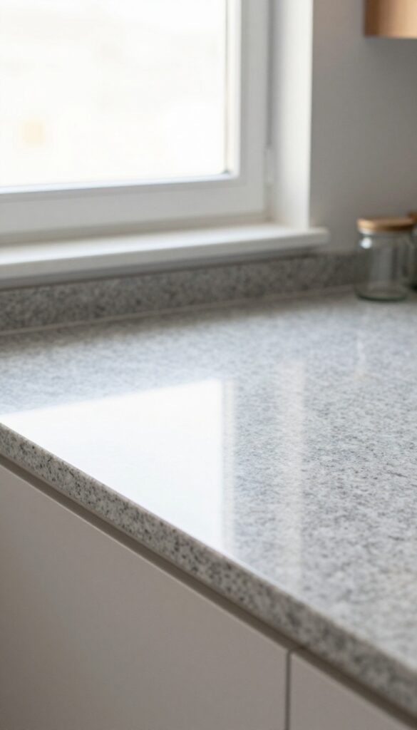 Empty kitchen counter with natural light, clean and minimalist, no items