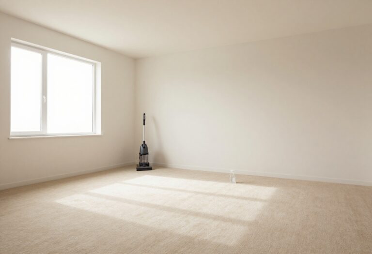 Clean beige carpet in a sunlit living room with vacuum and cleaning supplies