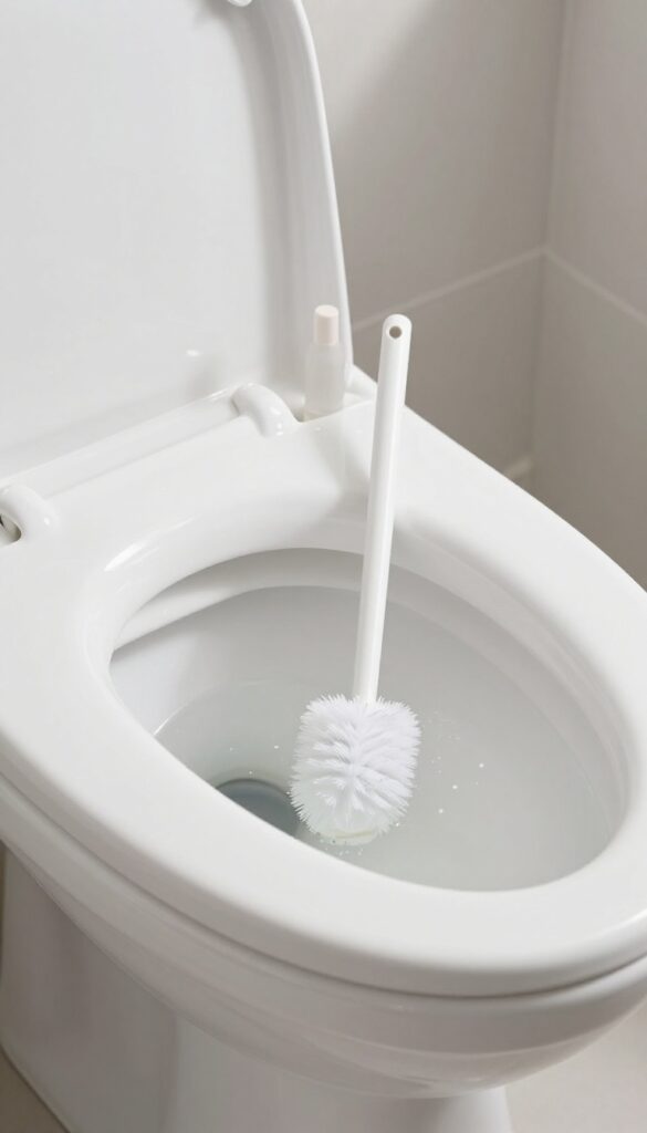 Clean toilet bowl after thorough rinse and flush, with toilet brush and natural cleaner nearby