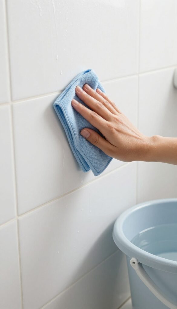 Person rinsing bathroom wall with damp microfiber cloth, clean bucket nearby