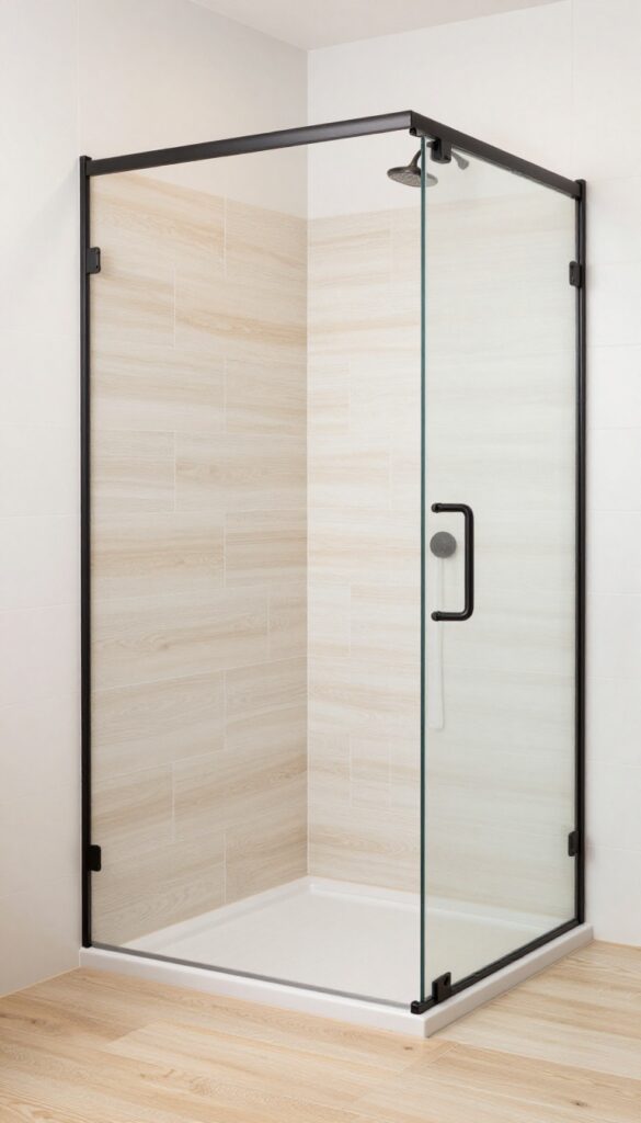 Modern bathroom shower with warm wood-look porcelain tiles in staggered pattern