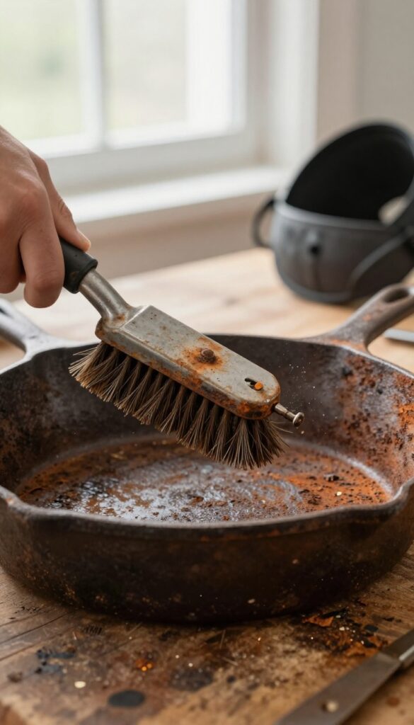 Drill with wire brush removing rust from cast iron skillet