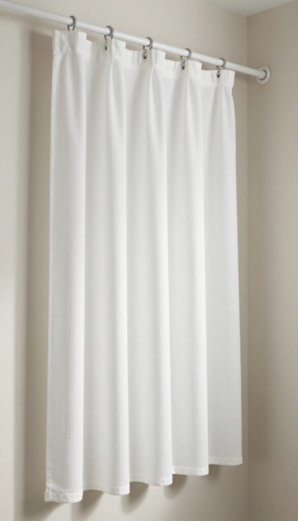Textured cotton shower curtain with subtle vertical stripes hung high to create visual height in a bright bathroom