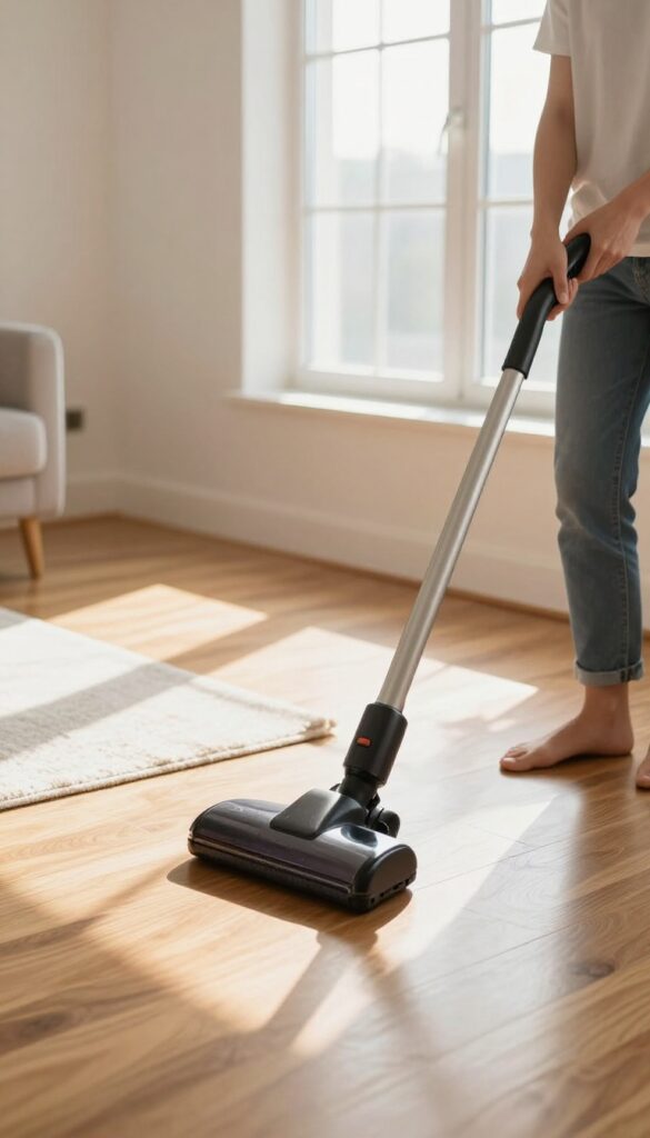 Person vacuuming along baseboard in sunlit living room with hardwood floors