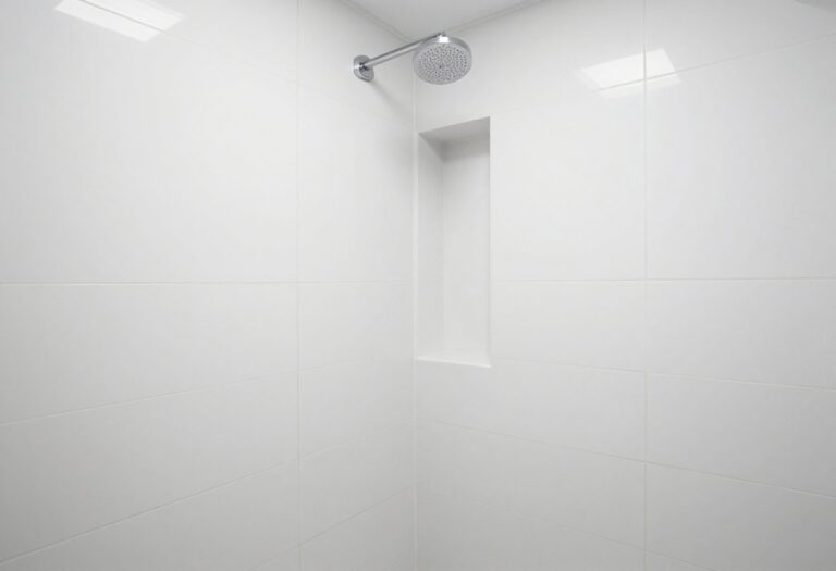 Modern tiled shower with large white porcelain slabs and rainfall showerhead
