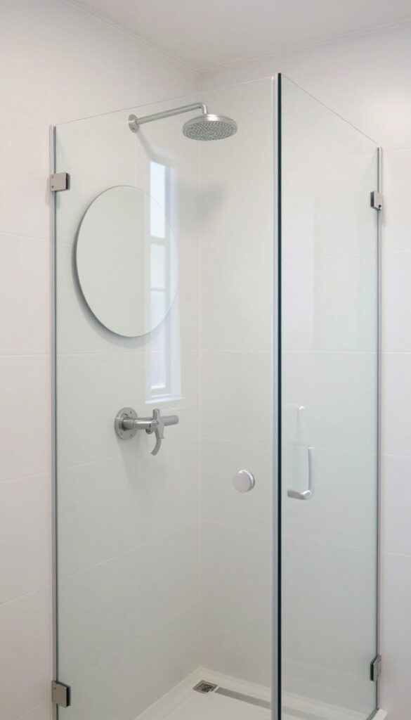 Small shower with a round fog-resistant mirror mounted on the wall, reflecting light and creating a spacious feel