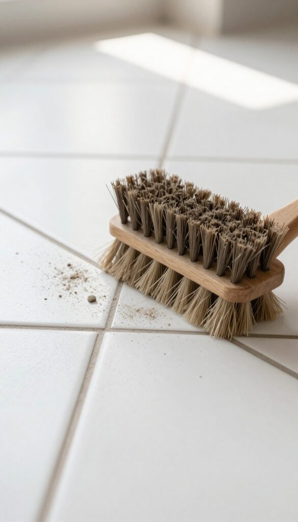 Dry brushing grout lines with a stiff-bristled brush to loosen surface dirt before cleaning