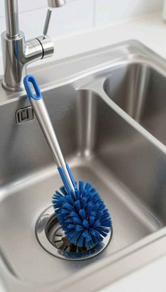 Person using a bottle brush to clean inside a garbage disposal opening