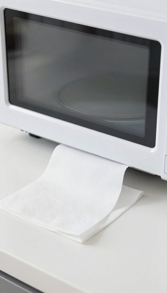 Paper towel placed on the floor of a clean microwave to catch spills