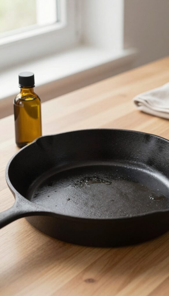 Clean cast iron skillet with a thin layer of oil, lint-free cloth, and flaxseed oil bottle on wooden countertop.