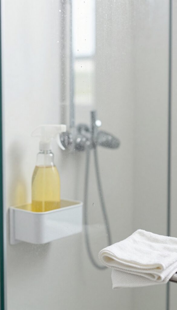 Sparkling clean shower door with vinegar spray and microfiber cloth on caddy