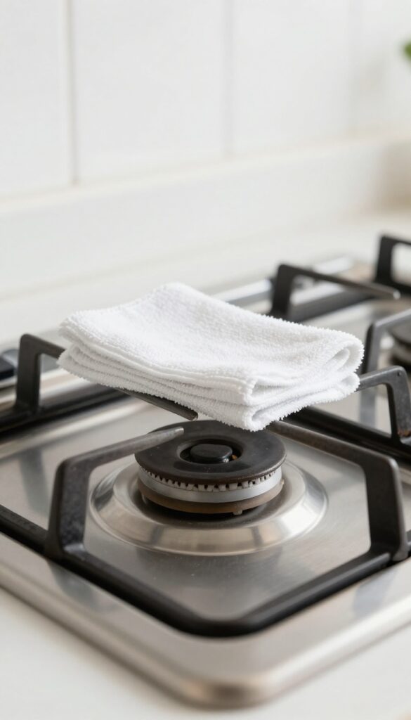 Close-up of a clean gas stove burner with a damp cloth