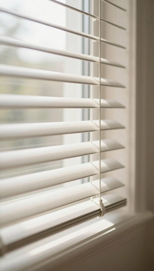 Microfiber duster on clean blinds with sunlight streaming through window