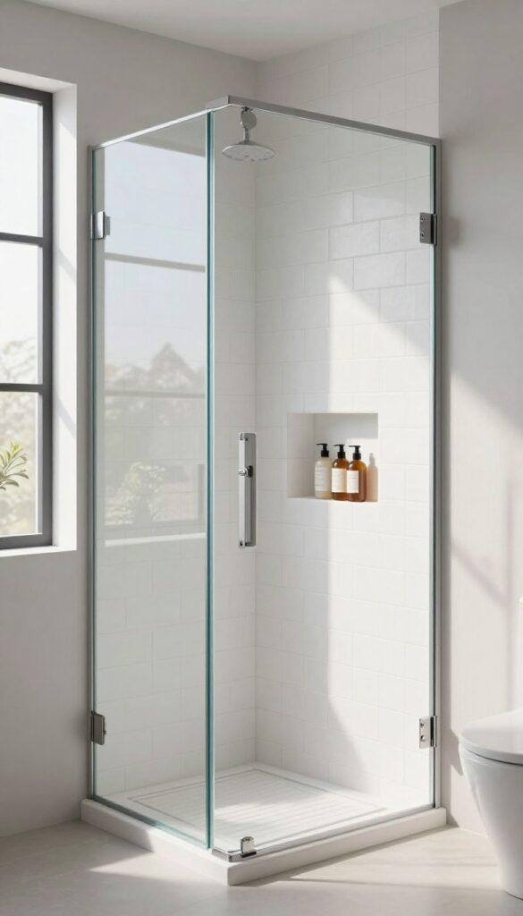 Modern shower with built-in tile niche holding bath products
