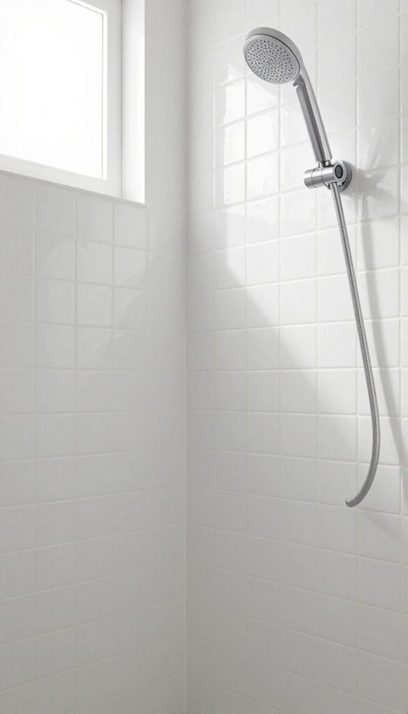 Diagonal shower tile pattern creating an optical illusion of spaciousness in a small bathroom