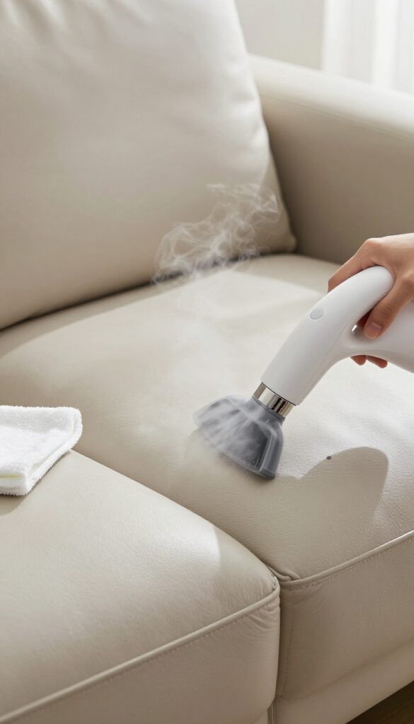 Steam cleaning a leather couch on low setting to remove stubborn dirt without drying the surface
