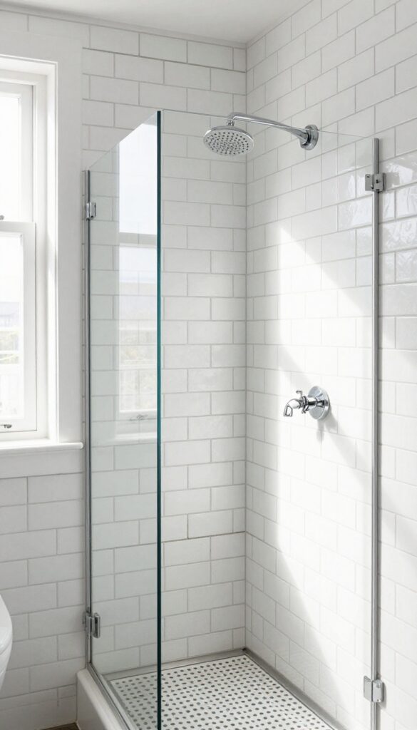 White subway tiles with dark charcoal grout in a bright bathroom shower