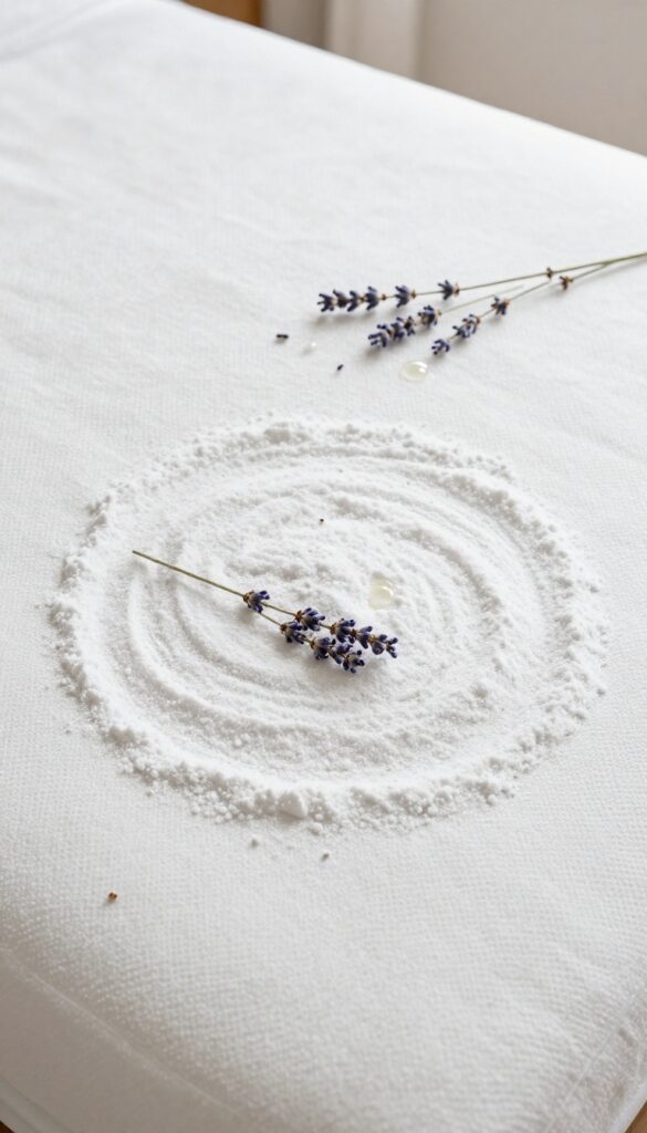Mattress with baking soda and lavender essential oil sprinkled on it, bright natural light, clean composition