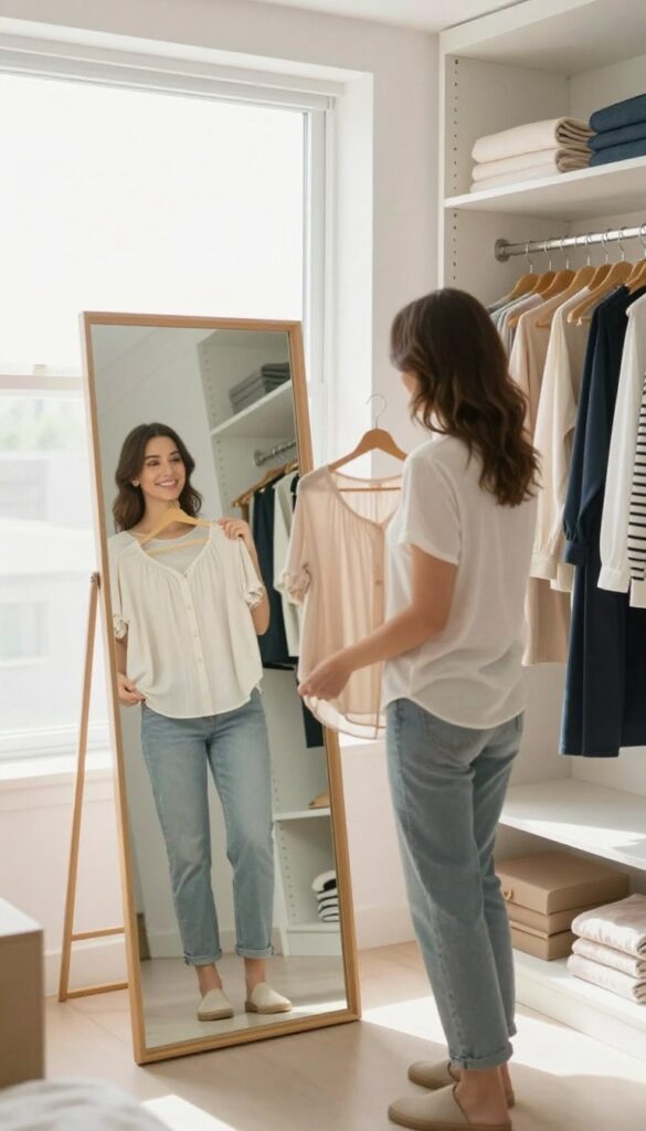 Woman trying on a blouse in front of a mirror in a bright, organized closet