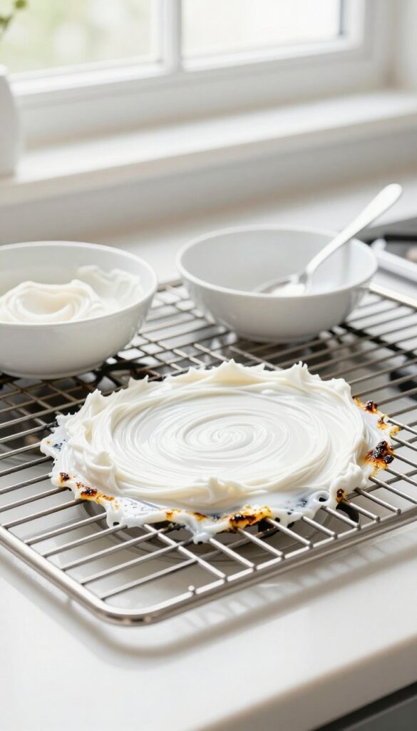 Close-up of a stove grate with cream of tartar paste applied to burnt grease, kitchen counter setting with natural light