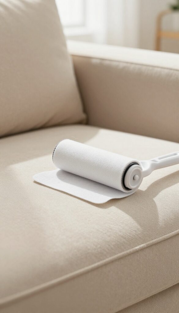 Using a lint roller to remove pet hair from a microfiber couch cushion
