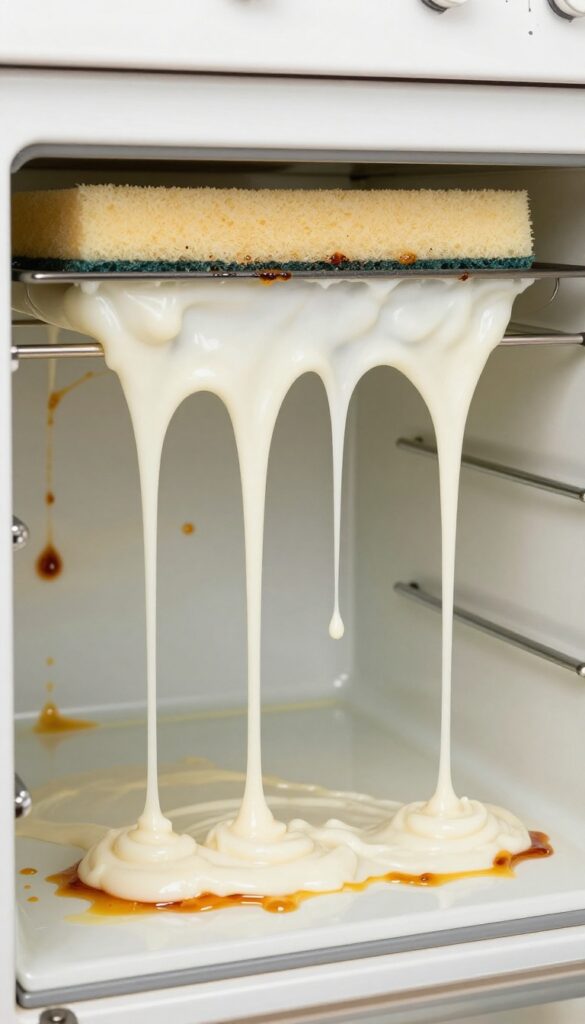 Thick dishwasher tablet paste applied to stubborn oven grime
