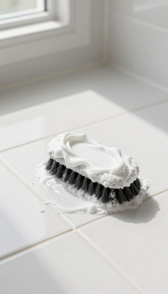 Close-up of scrubbing white grout with baking soda paste on a clean tile floor