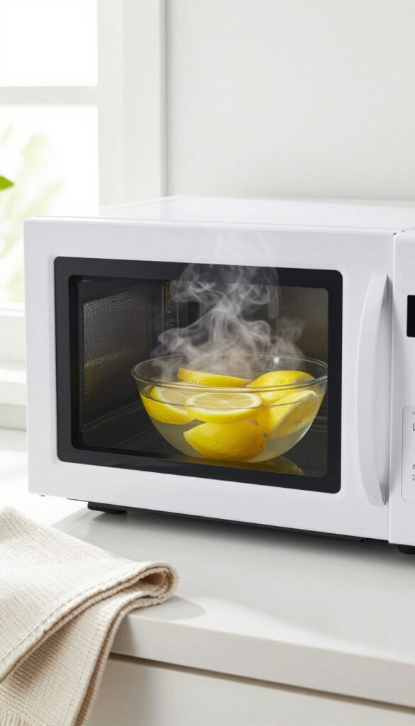 Weekly microwave cleaning routine with steam bowl and lemon