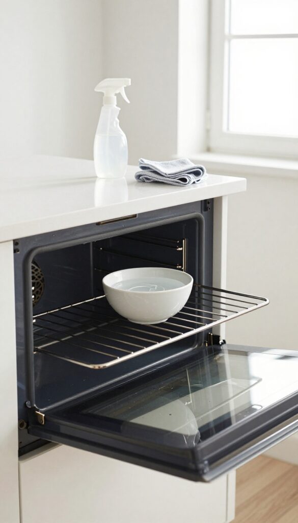 Ammonia fume trick for oven cleaning: a bowl of ammonia on the top rack of a clean oven with natural light and cleaning tools nearby.