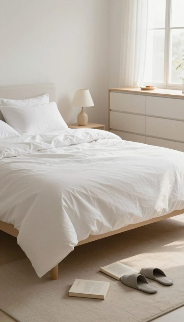 A tidy bedroom with a made bed, fluffed pillows, folded blanket, and organized dresser in natural light.